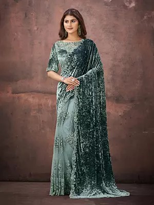 Velvet Mononet Saree With Beads Sequins Embroidery Designer Partywear For Wedding Reception