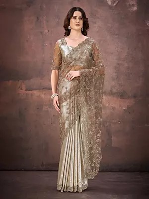 Foil Satin Mononet Saree With Dual Beads Sequins Embellishment Designer Partywear For Wedding Reception