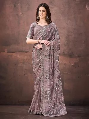 Exquisite Jimmy Choo Mononet Saree Featuring Dual Beads And Dual Sequins Embellishment Perfect For Designer Partywear