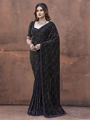 Elegant Velvet Foil Coated Brasso Saree Showcasing Pure Beads Handwork Stunning Designer Choice For Wedding