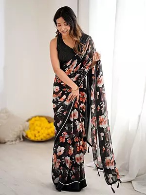 Moss Satin Patta Saree Featuring Woven Patta Designer Printed Floral Motifs Ideal For Partywear Wedding And Festive Celebrations