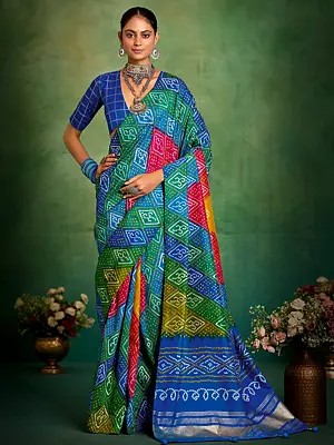 Vibrant Multicolor Velvet Tussar Silk Saree Featuring Boutique Printed Bandhani Motifs Perfect For Partywear And Festive Celebrations