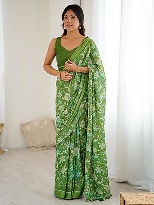 Moss Satin Patta Saree With Woven Patta Designer Printed Work Offers An Elegant Drape Ideal For Party And Festival Wear