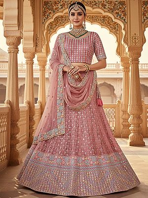 Heavy Mono Net Lehenga Choli With Dupatta Features Multi Threads Sequins Embroidery And Silver Stone Embellishment