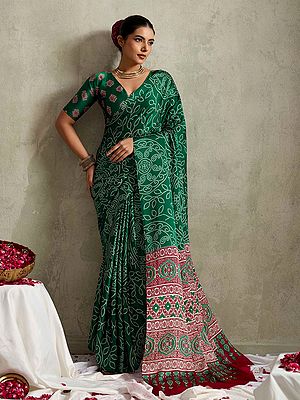 Satin Silk Saree With Designer Bandhani Printed Floral Patterns In Vibrant Red Allover Motifs Perfect Drape For Women