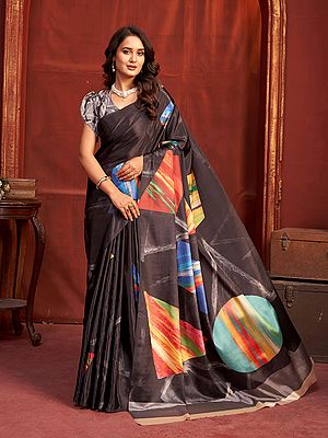 Malai Crepe Silk Saree Designer Printed Black Abstract Motifs Vibrant Contrast For Party Festive Reception Wear