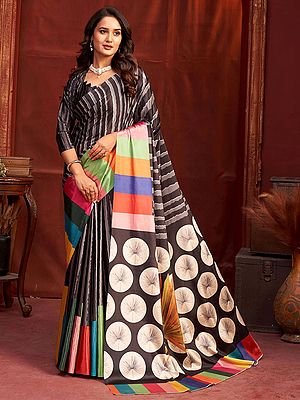 Malai Crepe Silk Saree Showcasing Designer Printed Black White Polka Dots With Striking Multicolor Accents