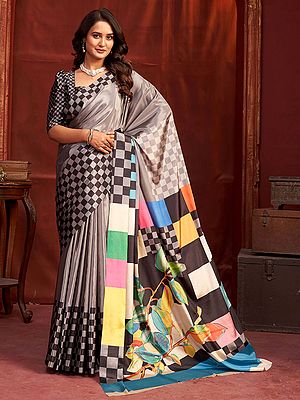 Radiant Malai Crepe Silk Saree Boasting Designer Printed Checkered Designs And Eye Catching For Women