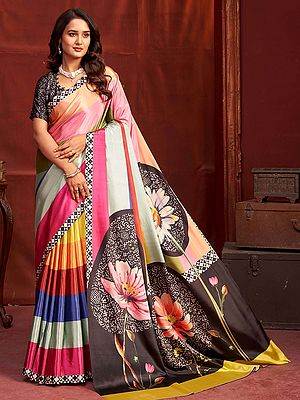 Malai Crepe Silk Saree Designer Printed Pink Lotus Flower Multicolor Rainbow Striped Patterns Vibrant For Women