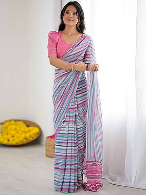Elegant Georgette Saree Showcasing Designer Printed Mirror Cut Work With Stunning Striped Gradient Flow
