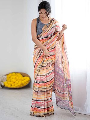 Captivating Designer Printed Mirror Cut Work Georgette Saree Flowing Multicolor Striped Gradient Ideal Luxurious Drape
