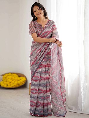Luxurious Designer Printed Mirror Cut Work Flowing Georgette Saree Perfect For Festive Party Ethnic Celebrations