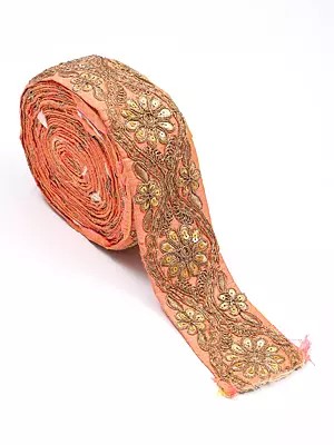 Peach-Pink Fabric Border with Zari-Sequins Embroidery