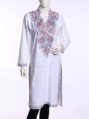 Pure Cotton Long Kurti with Aari Embroidered Flowers
