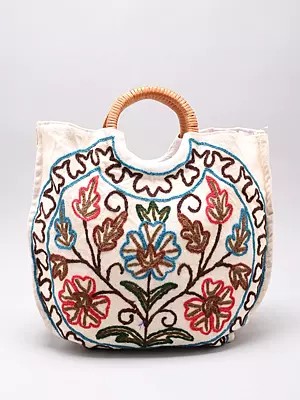 Shopper Bags with Floral Crewel Embroidery and Wooden Handle from Kashmir
