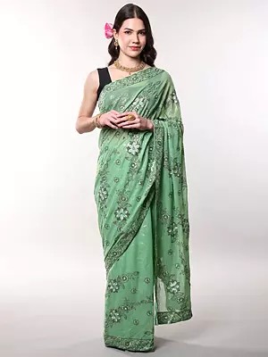 Pistachio-Green Floral Embroidered Saree with Sequins work