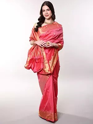 Flowering-Ginger Pure Silk Saree from Bangalore with Zari woven Bootis and Floral Border