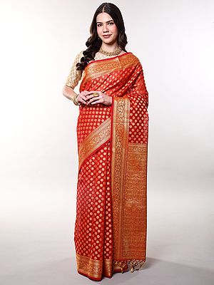 Racing-Red Georgette Saree with Golden Thread Woven Bootis and Floral Border