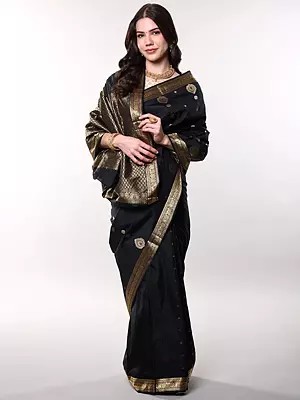 Jet-Black Pure Silk Saree with Intricate Zari Woven Bootis and Phool Bail Border from Bangalore