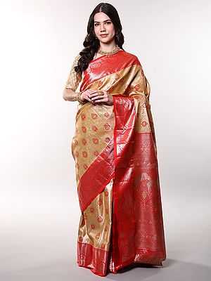 Jurassic-Gold Saree with Silver Colored Thread woven Floral Jaal All-Over with Contrast Red Border from Bangalore