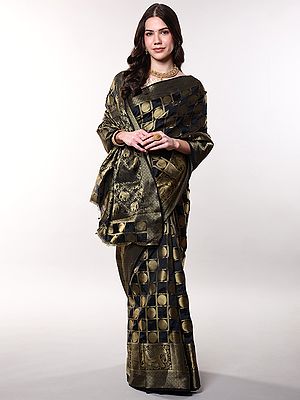 Bristol-Black Elephant Border Saree with Zari Woven Checks from Bangalore