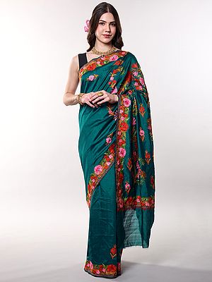 Quetzal-Green Saree from Kashmir with Aari Embroidered Floral Border and Anchal