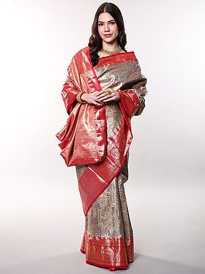 Gilded-Beige Intricate Zari woven Saree with Floral Wide Border from Bangalore