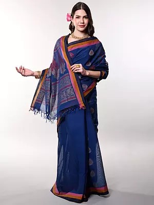 Beaucoup-Blue Cotton Saree from Vadambacheri with Woven Bootis and Paisley Pallu