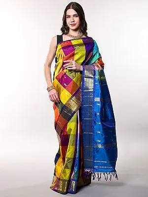 Multicolor Checks Motifs Pure Silk Saree with Zari wovne Bootis and Border from Kumbakonam