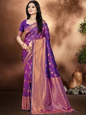 Woven Leaf Motifs All Over Fancy Festive Wear Silk Saree With Blouse