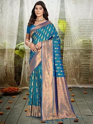 Floral Woven Motifs Wide Border Festive Wear Silk Saree With Blouse