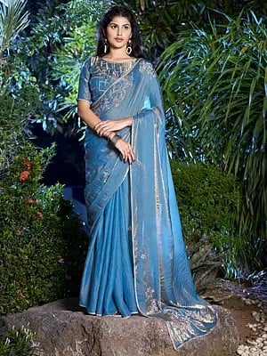 Heavy Zircon Butta Work Designer Party Wear Silk Saree With Blouse