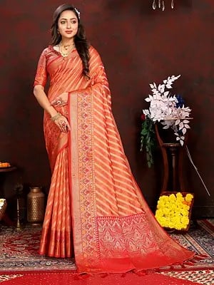 Weaving Work And Wide Border Striped Soft Organza Silk Saree With Attractive Tassels Pallu