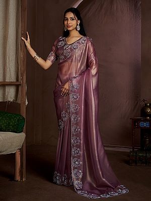 Sequins Applique Flower And Heavy Zircon Work Jute Silk Saree With Matching Blouse