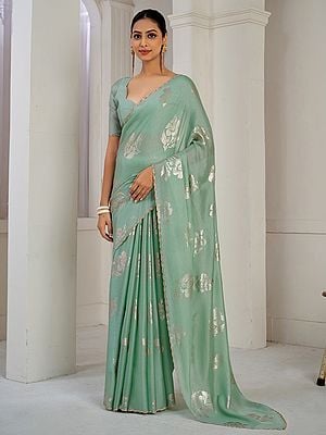 Zircon Work Border With Foil Print Floral Designer Party Wear Chinon Silk Saree With Blouse