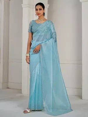 Soft Organza Heavy Zircon Border And Sequins Embroidery Work Saree With Matching Blouse