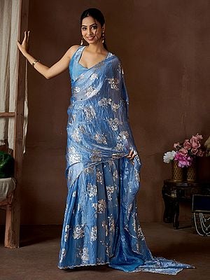 Pure Satin Silk Heavy Zircon Work Border With Foil Print Floral Designer Saree With Matching Blouse