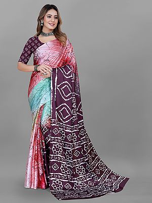 Multicolor Abstract Digital Print Designer Casual Wear Japan Crepe Saree With Blouse