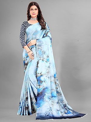 Pattens-Blue Attractive Japan Crepe Digital Print Casual Wear Saree With Blouse