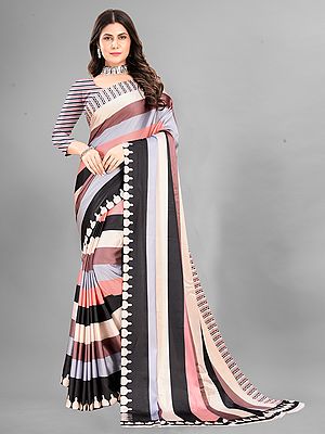 Multicolor Striped Pattern Japan Crepe Digital Print Attractive Party Wear Saree With Blouse