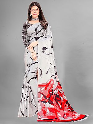 Vista-White Japan Crepe Digital Print Designer Party Wear Saree With Attractive Blouse