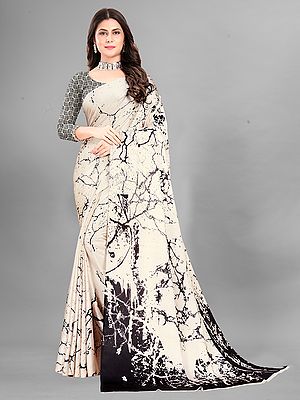 Egg-Sour Attractive Designer Japan Crepe Digital Print Saree With Blouse For Festival Occasion