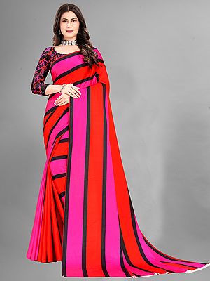 Multicolor Striped Pattern Japan Crepe Digital Print Designer Party Wear Saree