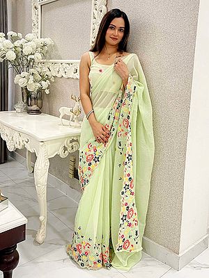 Embroidered Floral Broad Border And Sequins Work Striped Shimmer Silk Saree