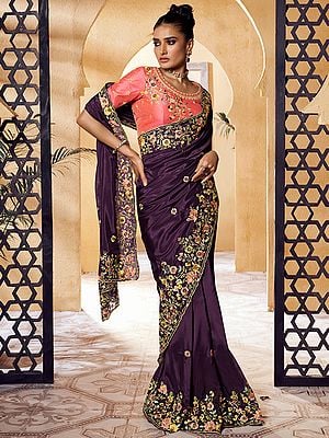 Georgette Embroidery With Sequins Work And Floral Wide Border Fancy Saree With Blouse