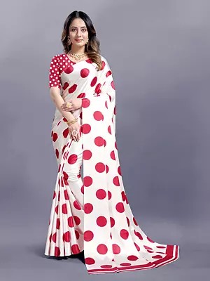 All Over Polka Dot Digital Print Designer Casual Wear Japan Crepe Saree With Blouse