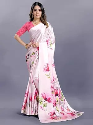 Wisp-Pink Japan Crepe Digital Print Designer Floral Saree With Blouse