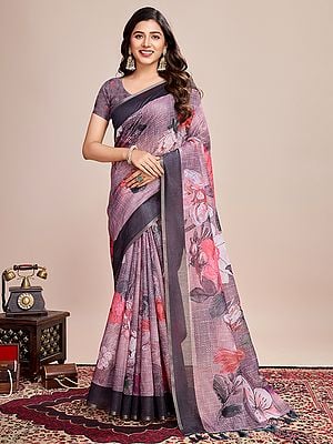 All Over Floral Print Semi Linen Saree With Tassels Pallu For Festival Occasion