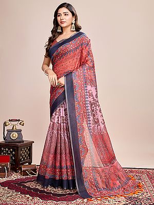 Multicolor Semi Linen Festive Wear Printed Saree With Paisley Motifs Tassels Pallu