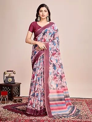 Abstract Multicolor Print Striped Semi Linen Festive Wear Saree With Blouse